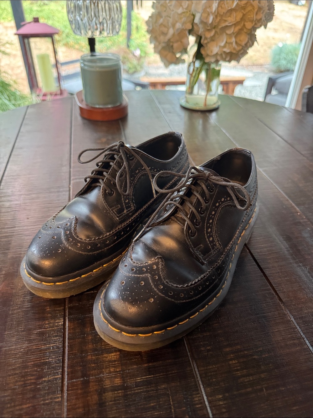 Dr. Marten Classic Black Wingtip Derby Shoes with Contrast Stitching